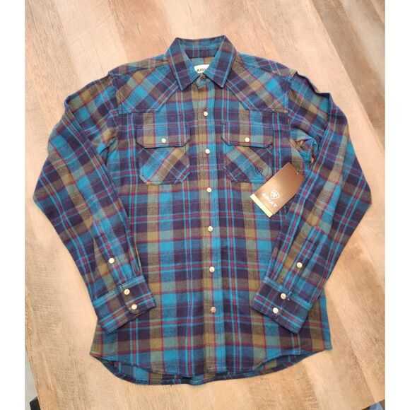 NWT Ariat Retro Fit Pearl snap men Small plaid longsleeve chest pocket embroider - Picture 1 of 11